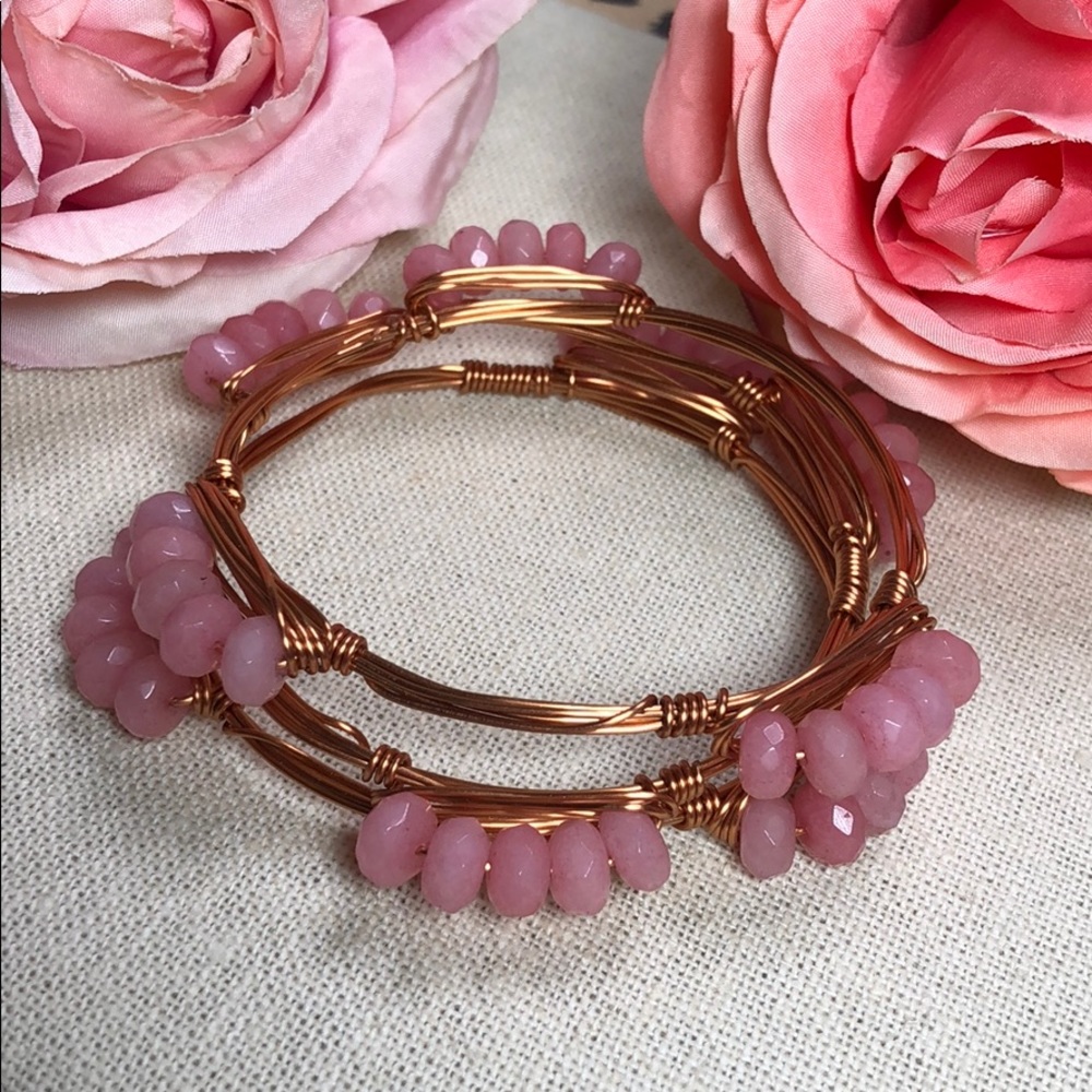 Pink Quartz Handmade Boho Copper Wire Bangle Set - Picture 2 of 3